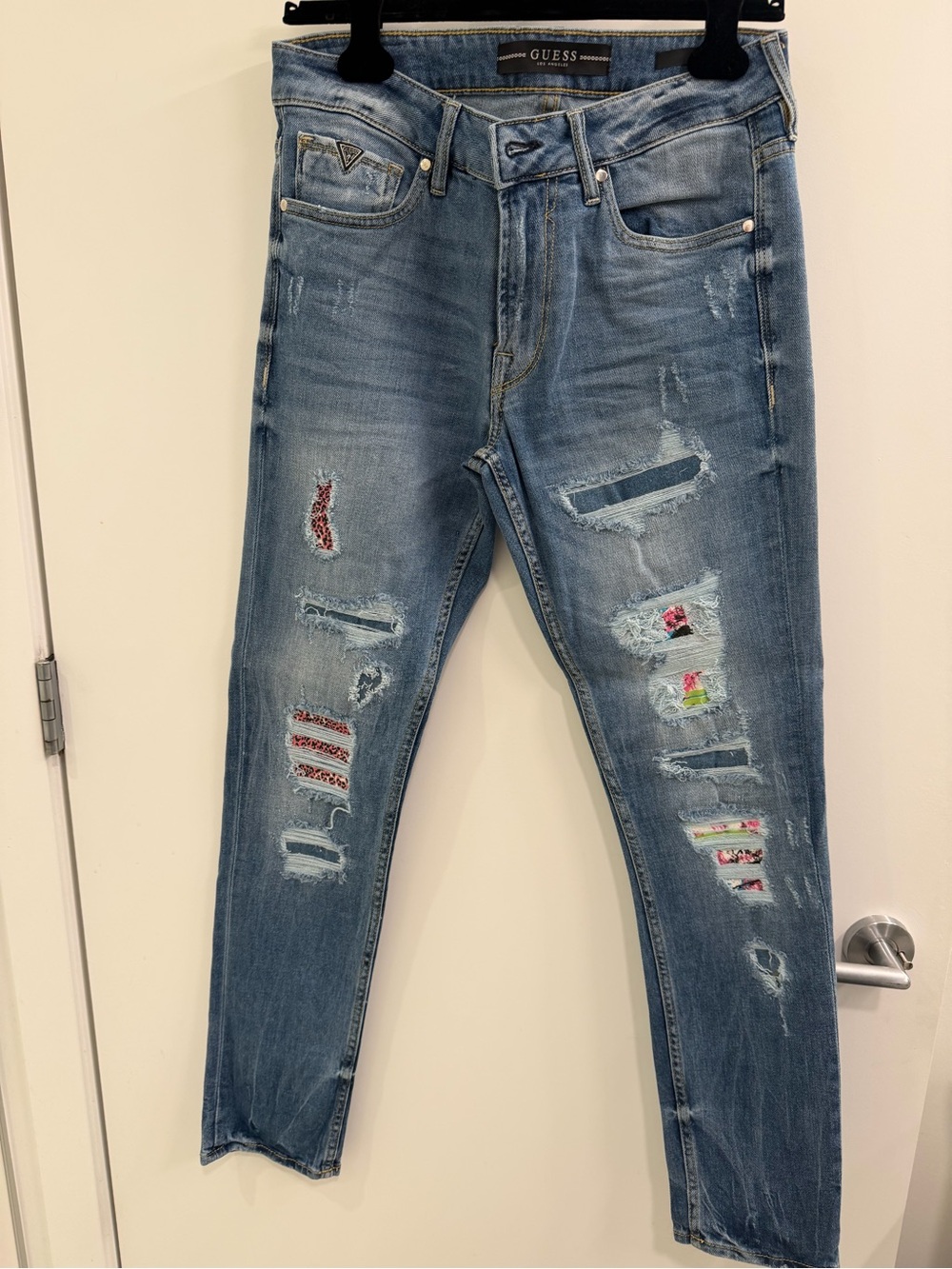GUESS Men's Light Blue Distressed Skinny Jeans with Floral Patchwork